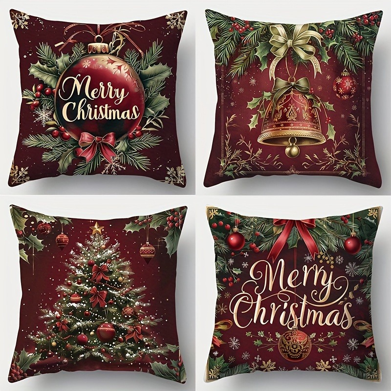 Home Textiles News - お祝いのクリスマス枕カバー：ヒイラギ、ベル、ツリー、そして「メリークリスマス」のデザインで家を飾りましょう！ 新年飾りS