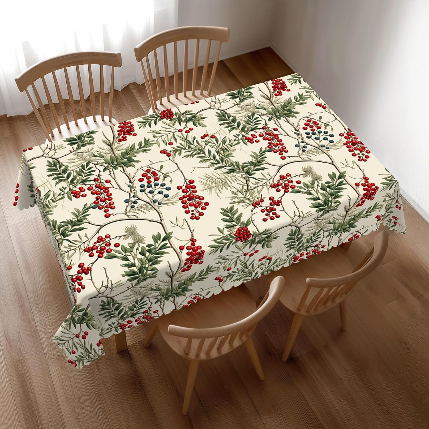 Home Textiles Premium - 水彩画のヒイラギベリー柄クリスマステーブルクロス、プレミアムウィンターボタニカルテーブルカバー、エレガントな祝祭の日の食事に最適