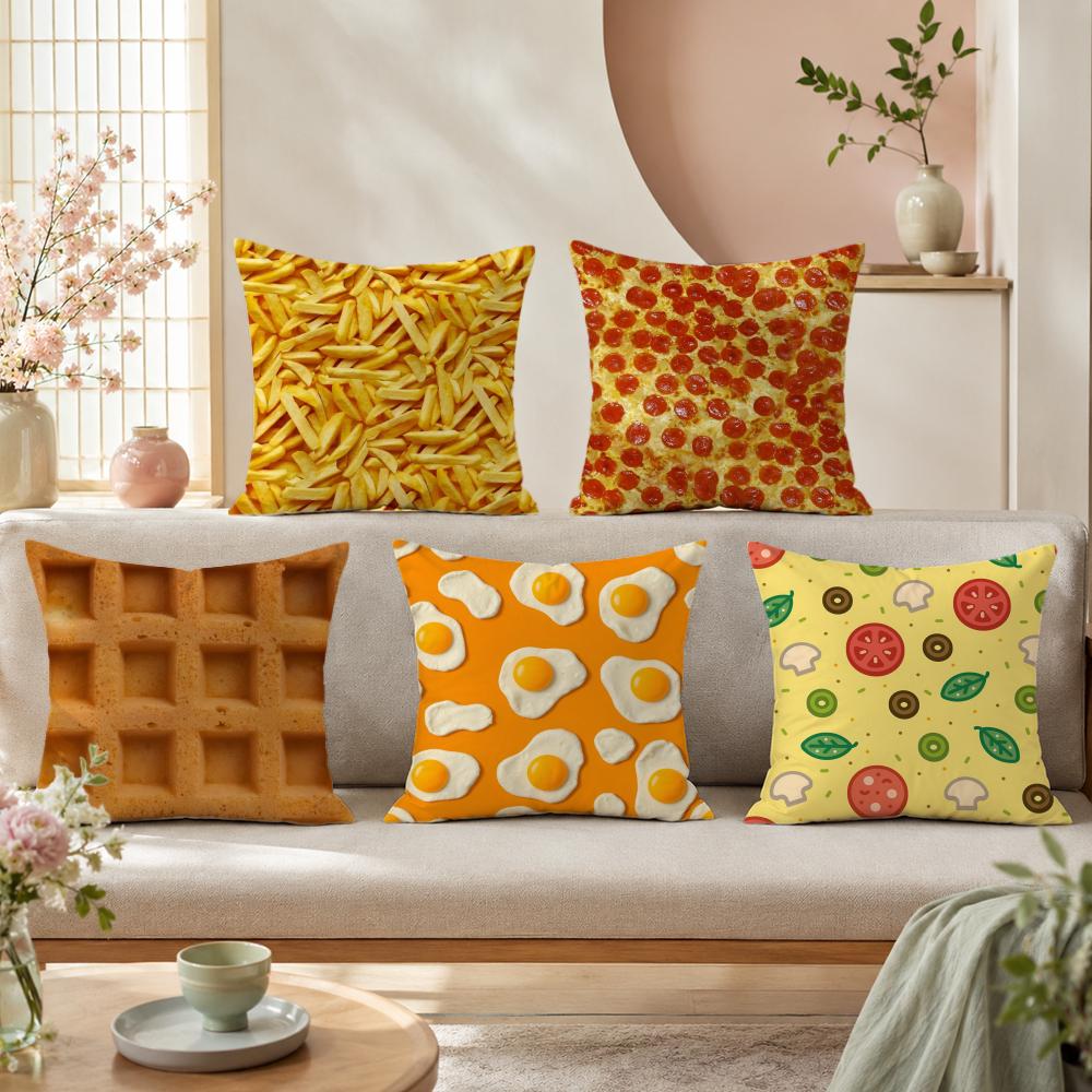 Home Textiles Premium - フライドエッグピザワッフル枕カバー プレミアムリネン クッションカバー ソフトな質感 ソファ カウチ