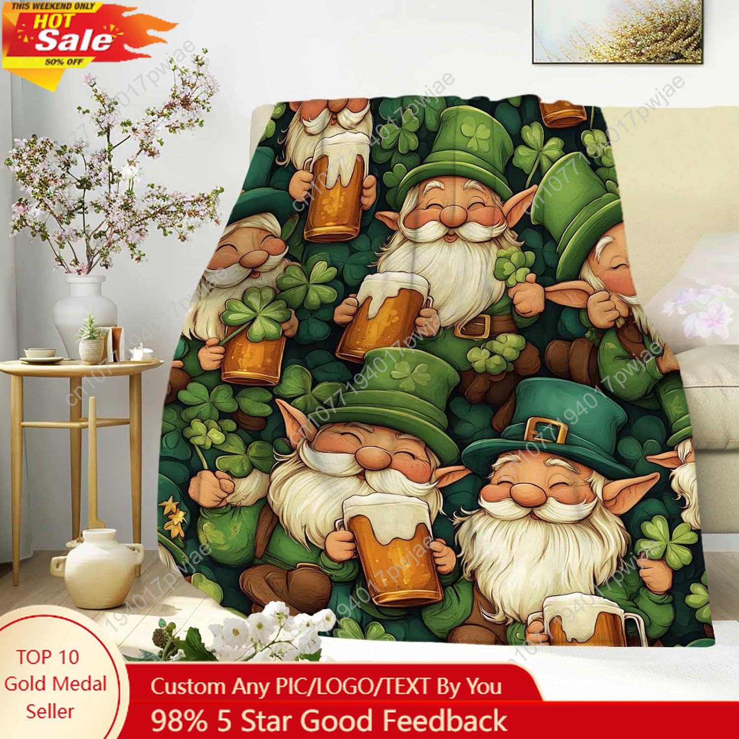 Home Textiles Today - 聖パトリックの日ノーム柄スローブランケット、ビールジョッキとシャムロック柄、あらゆる年齢層にぴったりの心地よいグリーンブランケット、聖パトリックの日用カスタムブランケットに最適