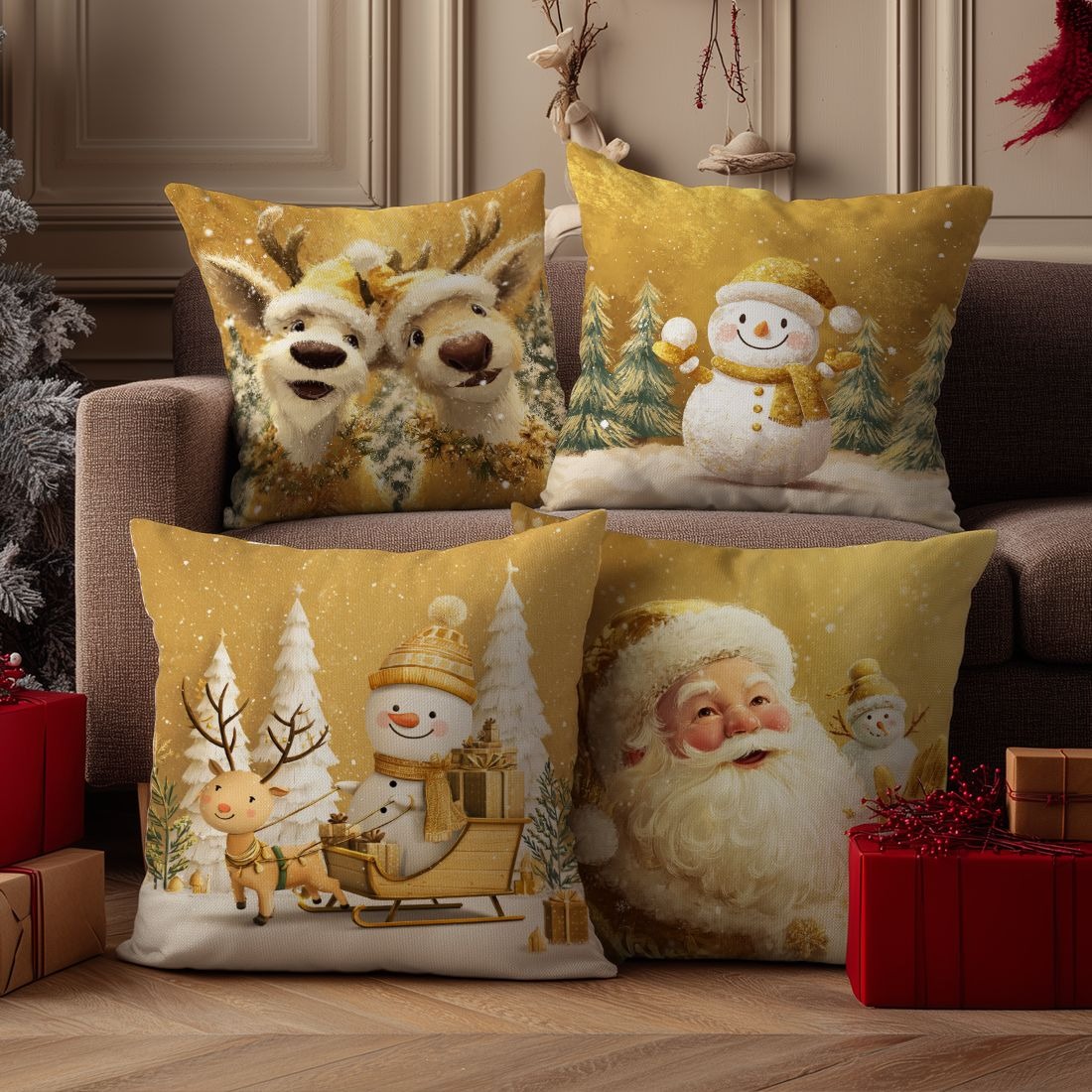 お祝いのクリスマス枕カバー：トナカイ、雪だるま、サンタ＆ソリ - Home Textiles News のレビューと価格