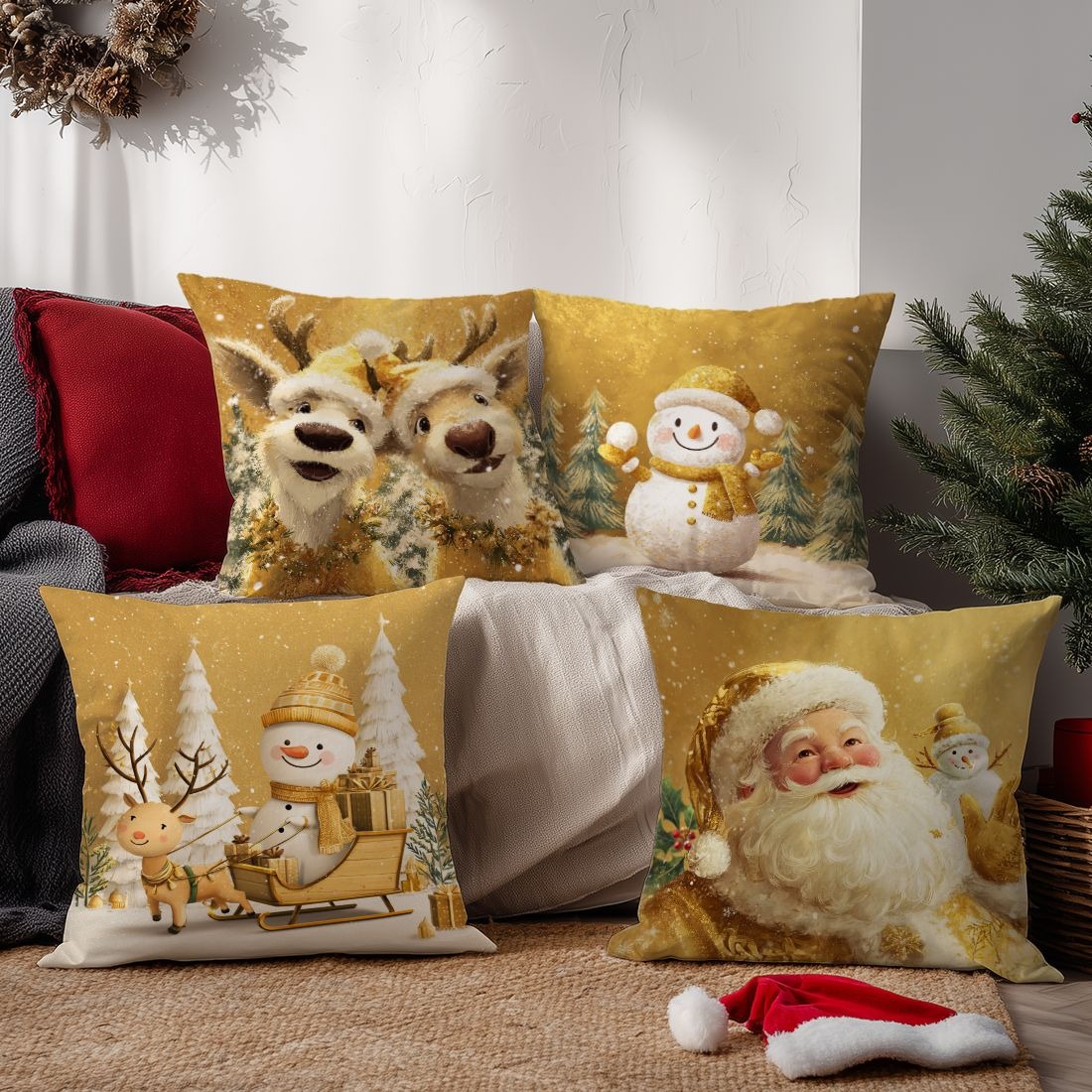 お祝いのクリスマス枕カバー：トナカイ、雪だるま、サンタ＆ソリ - Home Textiles News のレビューと価格