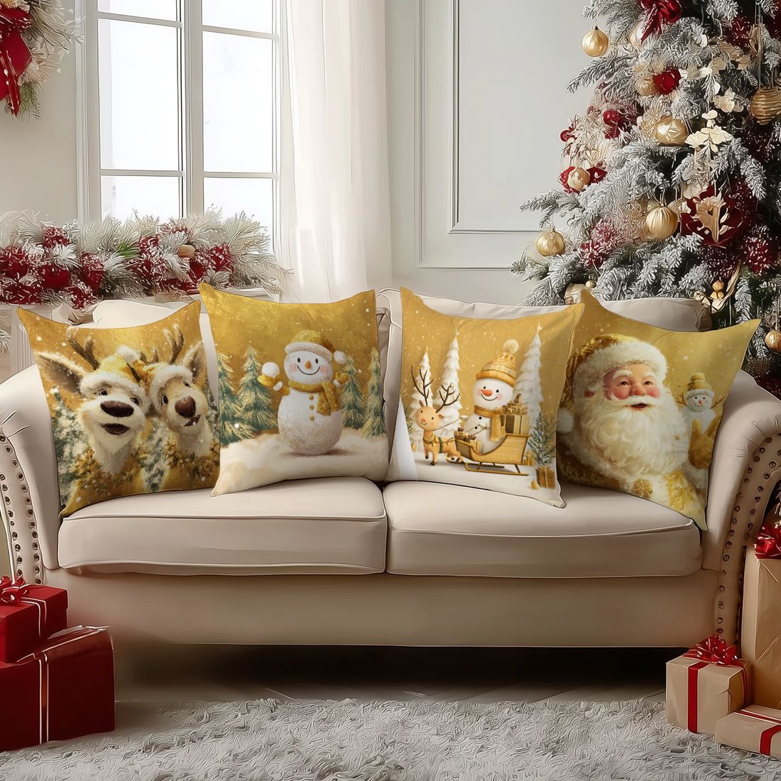 お祝いのクリスマス枕カバー：トナカイ、雪だるま、サンタ＆ソリ - Home Textiles News のレビューと価格