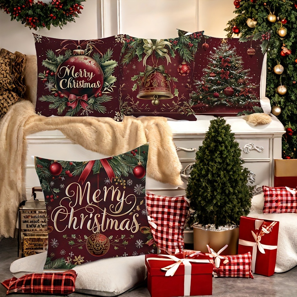 お祝いのクリスマス枕カバー：ヒイラギ、ベル、ツリー、そして「 - Home Textiles News のレビューと価格