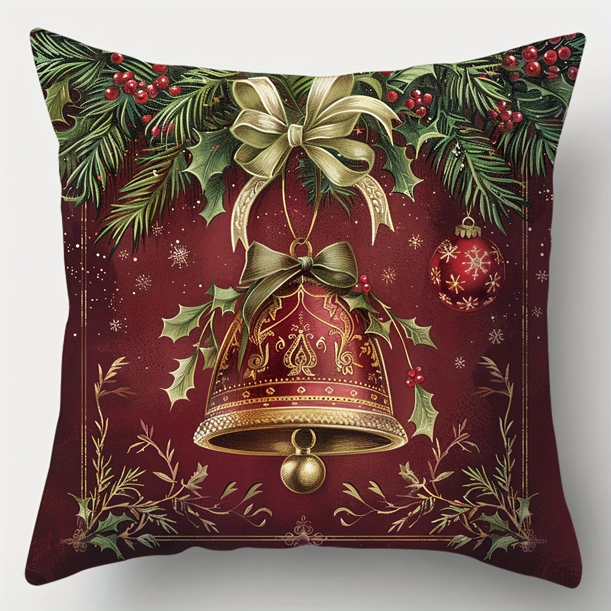 お祝いのクリスマス枕カバー：ヒイラギ、ベル、ツリー、そして「 - Home Textiles News のレビューと価格