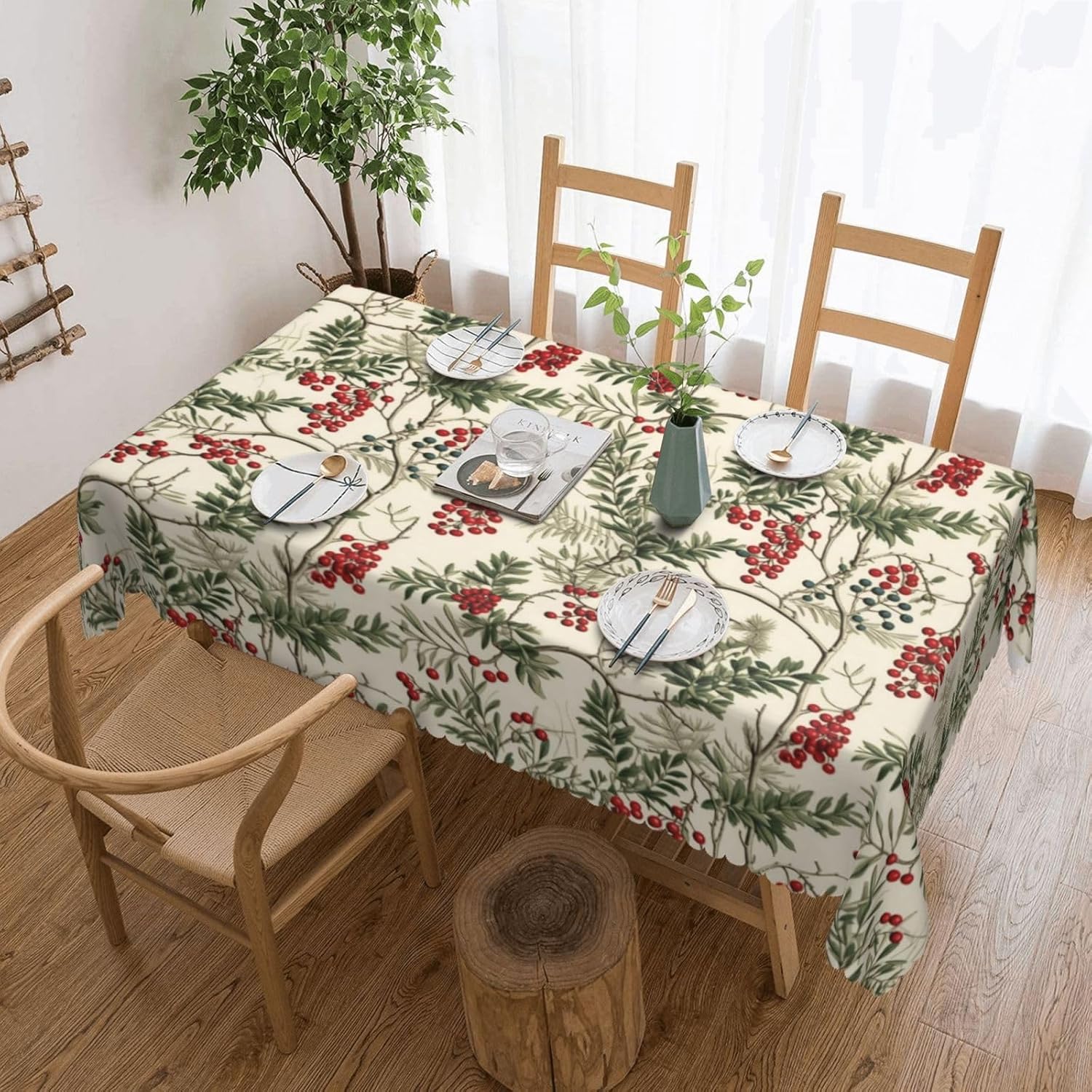 水彩画のヒイラギベリー柄クリスマステーブルクロス、プレミアム - Home Textiles Premium のレビューと価格