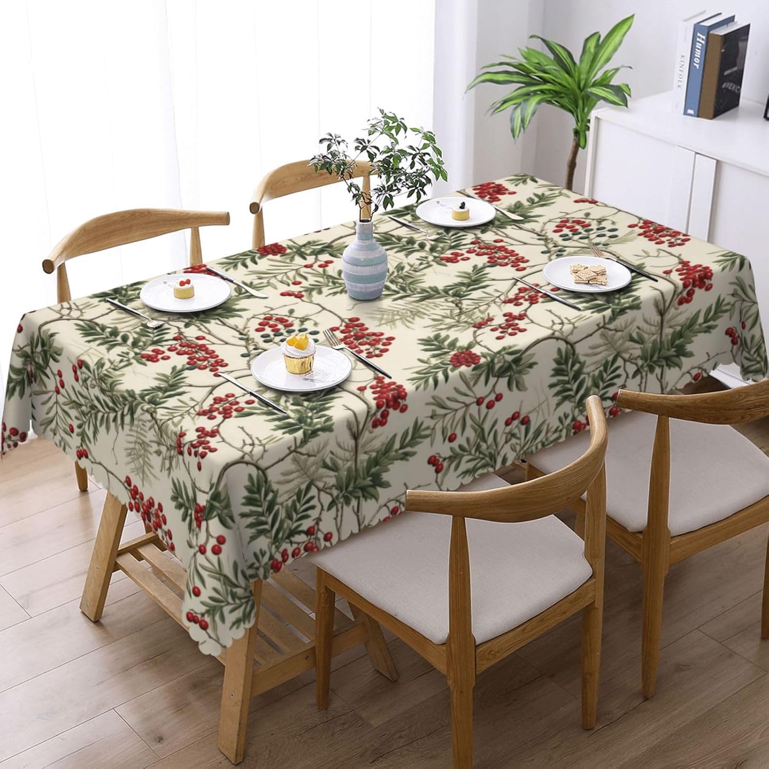 水彩画のヒイラギベリー柄クリスマステーブルクロス、プレミアム - Home Textiles Premium のレビューと価格