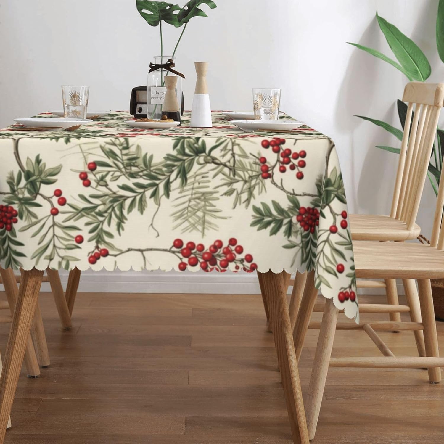 水彩画のヒイラギベリー柄クリスマステーブルクロス、プレミアム - Home Textiles Premium のレビューと価格
