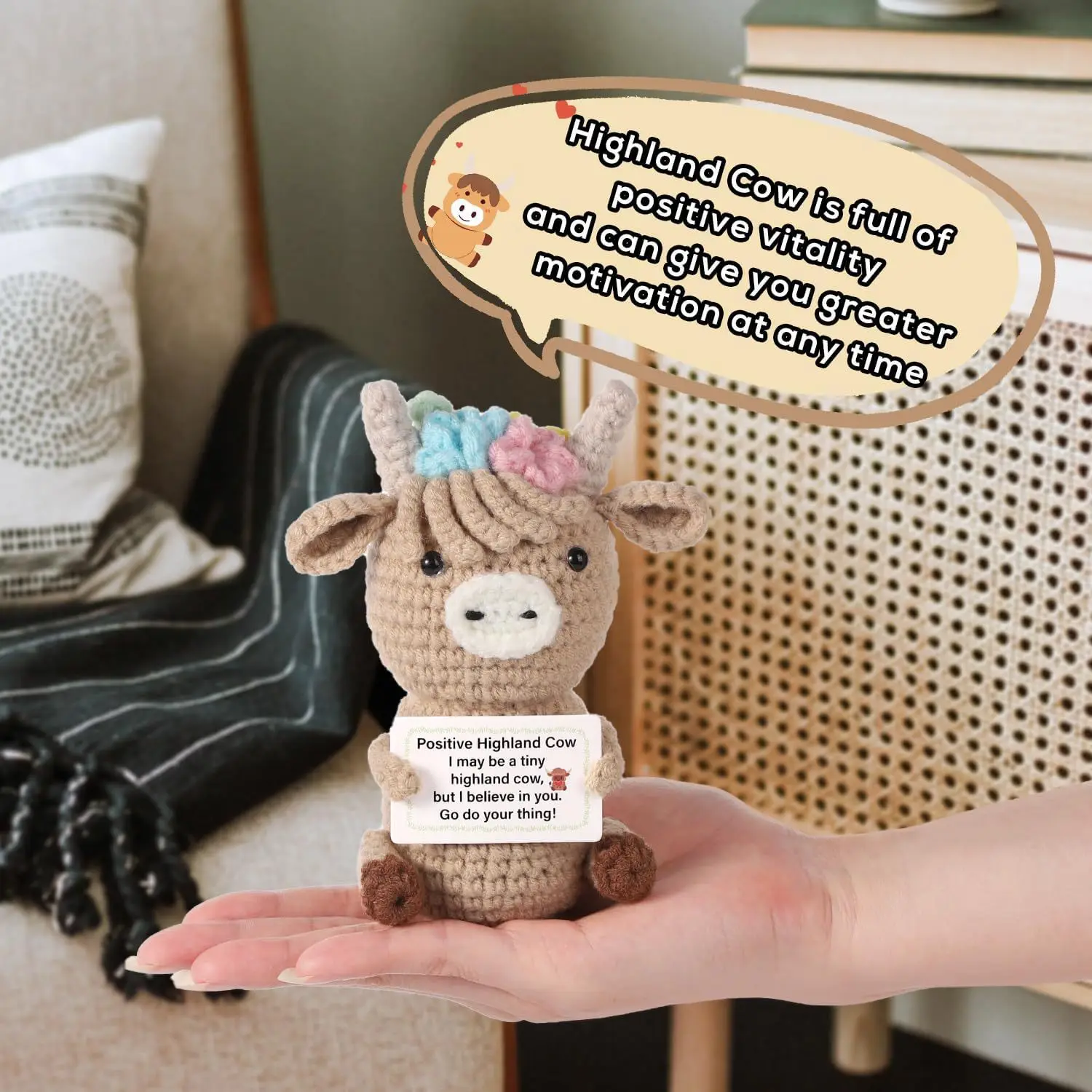 かぎ針編みの感情的な牛のぬいぐるみデコレーションデスクアクセ - Home Textiles Today のレビューと価格
